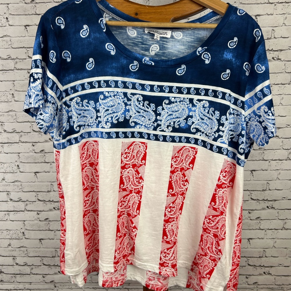 New Direction Navy, Light Blue, Red, White, Bandanna like-Design Patriotic top L
